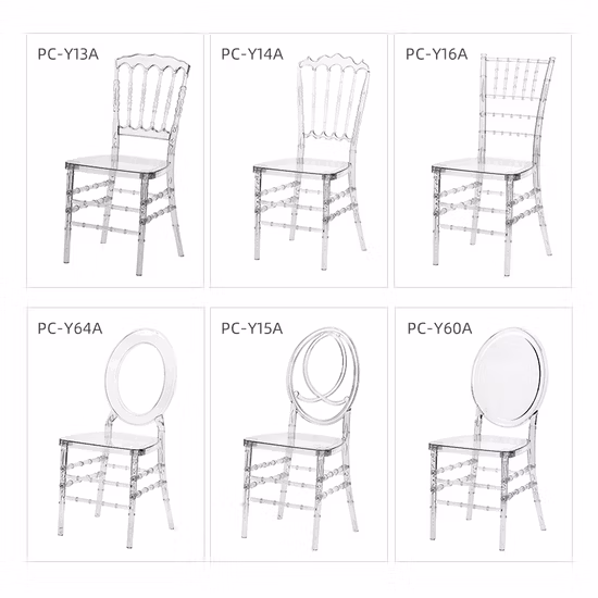 Sedia tiffany chiavari per eventi in resina di cristallo acrilico trasparente all'ingrosso, sedia da pranzo in plastica trasparente per matrimoni e banchetti